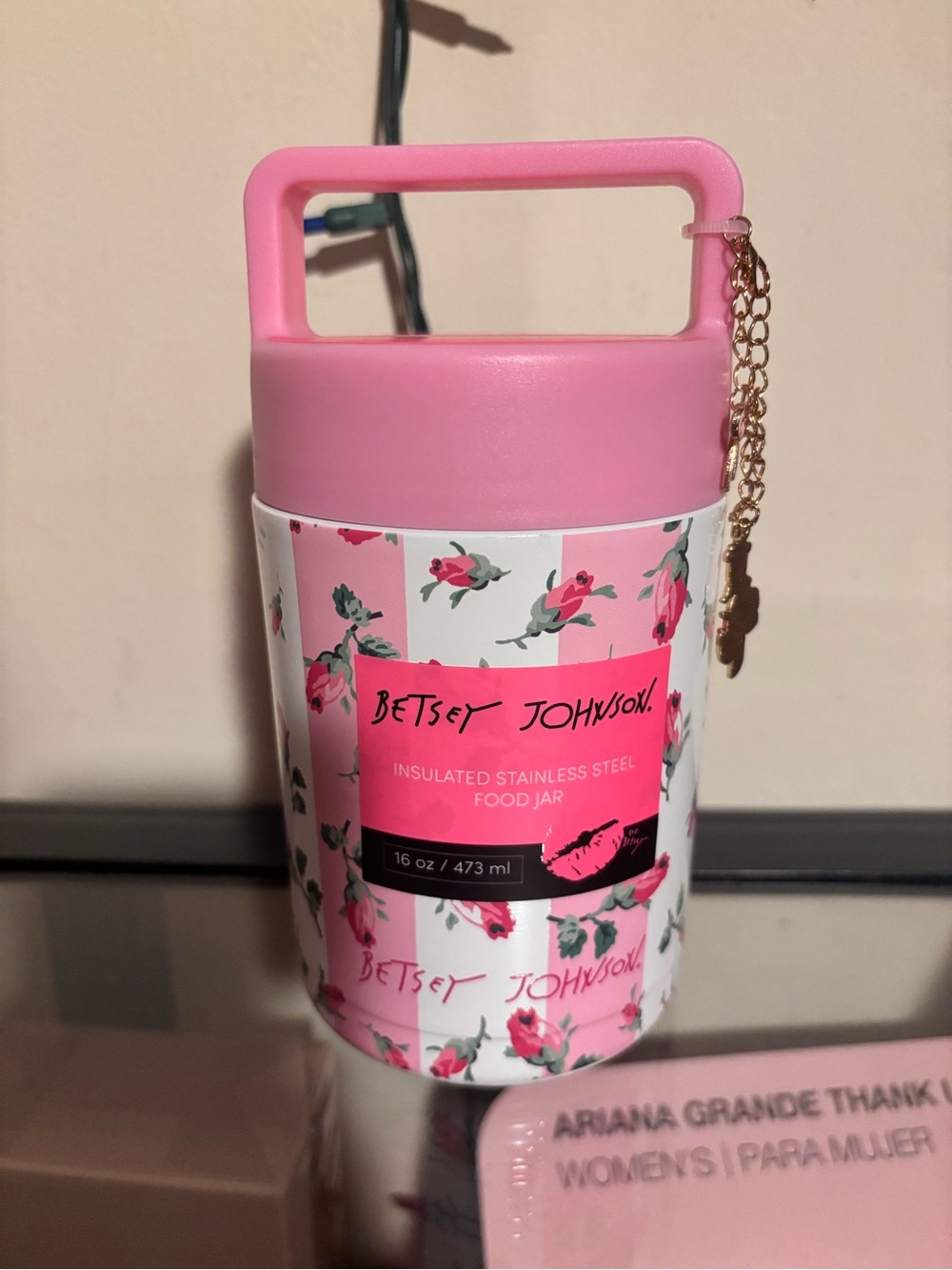 Betsey Johnson Pink Floral Insulated Food Jar with Gold Charm